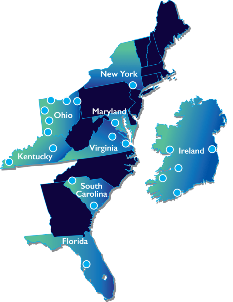 map of Bon Secours Mercy Health locations across New York, Ohio, Kentucky, Maryland, Virginia, South Carolina, Florida and Ireland