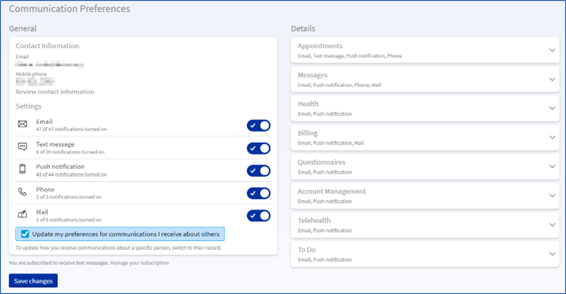 Sample screen of MyChart Communication Preferences where you can update advanced settings