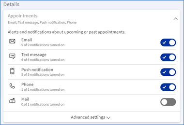 MyChart Communication Preferences details outlines the different modalities that you can opt-in or out of, including email and text message