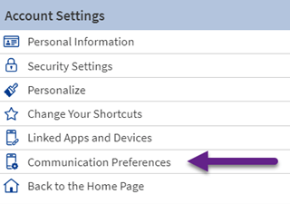 example of MyChart Communication Preferences found under Account Settings menu