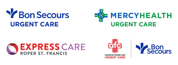 logos for Bon Secours Urgent Care, Mercy Health Urgent Care, Roper St. Francis Express Care and American Family Care (AFC) Urgent Care